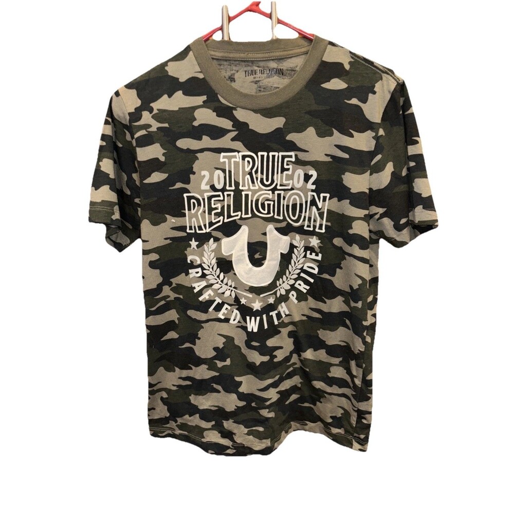 True Religion Tee Shirt Green Camo Graphic Logo Crew Neck Short Sleeve S Stretch